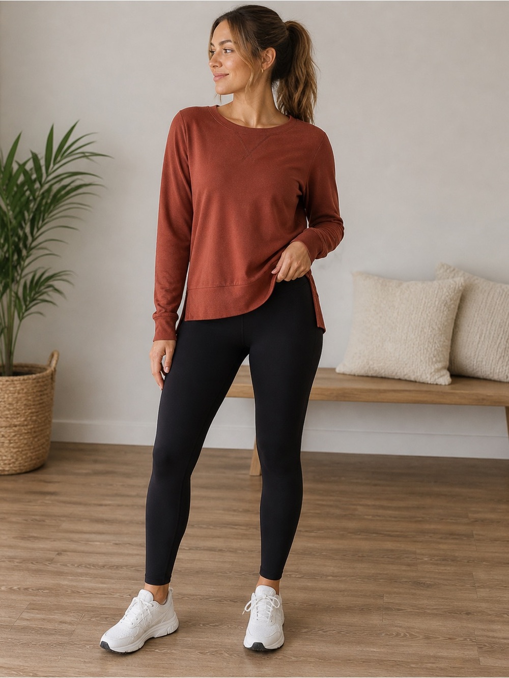 Long-Sleeve Crewneck Top in Rust
